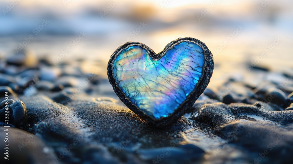 Fototapeta premium Heart-shaped stone with iridescent blue hues rests on dark beach pebbles at sunset. Perfect for love, nature, or spiritual themed projects.