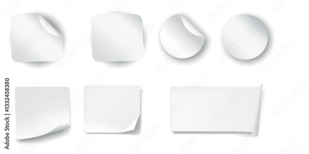 Paper stickers, circle and square with rounded edges, adhesive. Collection of blank sticky notes in various shapes for creative messaging and organization