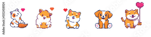 Cat, dog in pixel art - isolated vector. Cute kawaii style pixel cats in retro 8-bit game style.  Cute pixel art of various pets expressing love and friendship in vibrant colors
