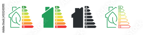Energy efficient home editable stroke outline icon set isolated on white background. Energy efficiency indicators with color-coded ratings and leaf symbol for home improvements
