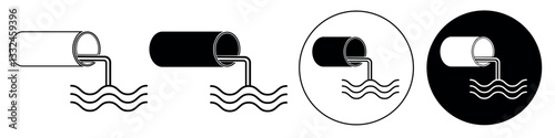Sewage line icon in white and black colors. Design variations of a pipe discharging water into waves representing pollution and environmental issues