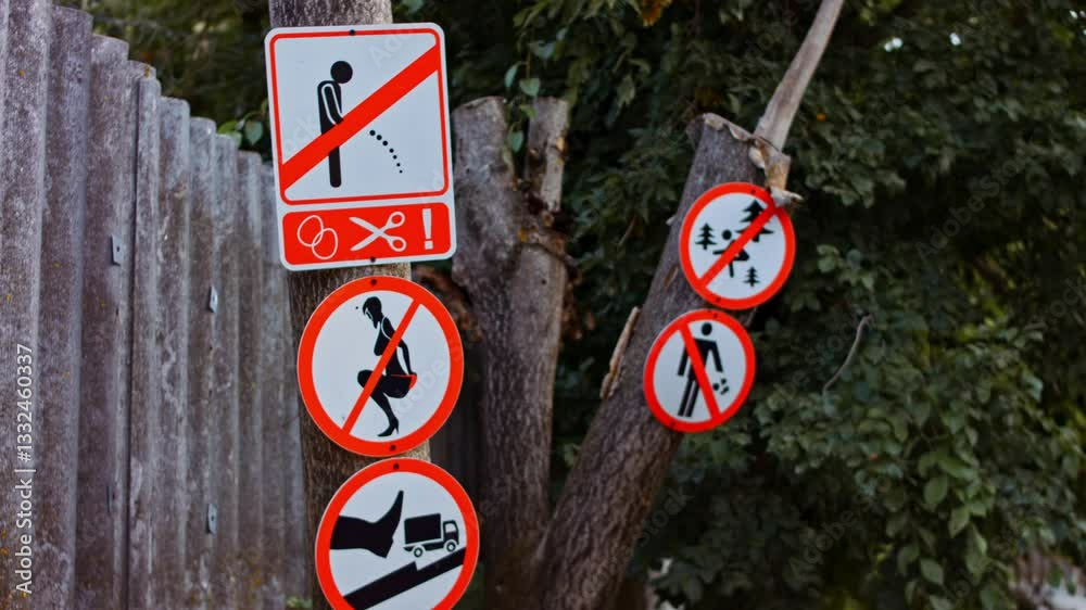 Funny road signs. The toilet is not here, it is forbidden to urinate, etc. 4k video