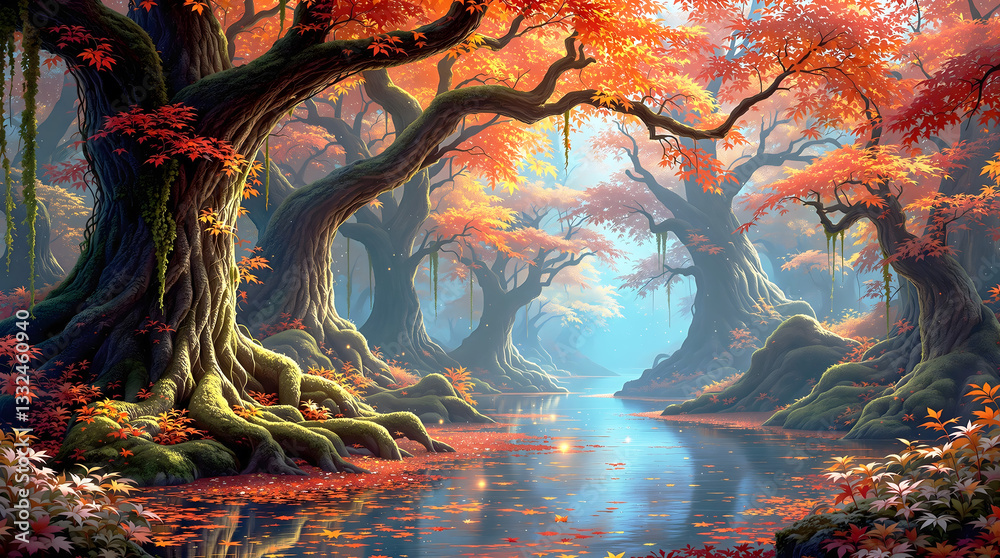 Fototapeta premium Enchanted Forest with a Mystical River and Autumn Foliage Background. 