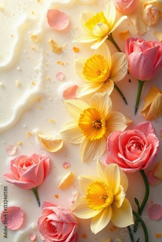 Swirling petals of daffodils, tulips, and roses in milky liquid, dreamy scene, photography, visual, setting