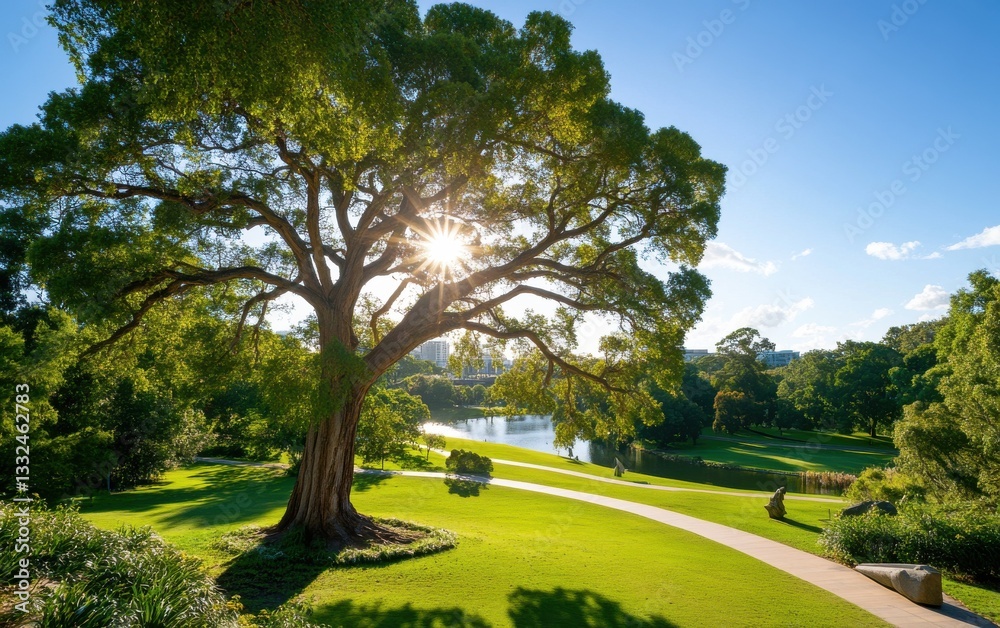 Fototapeta premium Dramatic view of a prehistoric Wollemi tree basking in sunlight by a tranquil lake in a lush green park setting