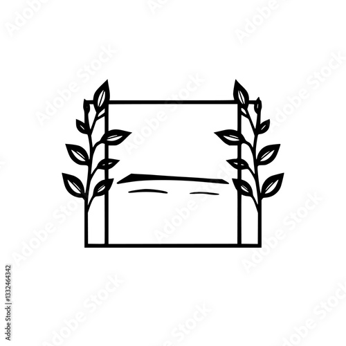Minimalist black and white illustration: framed mountain landscape with stylized leafy branches, conveying a sense of serenity.