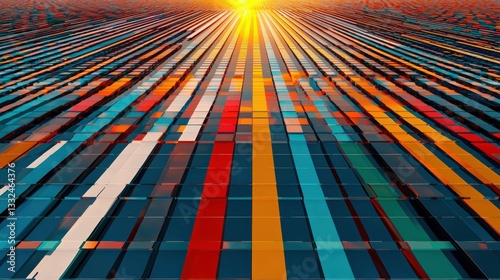 A solar panel field reflecting the rising sun in vibrant colors