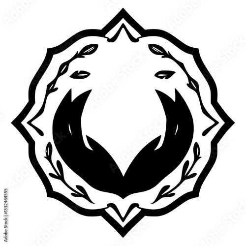 Symmetrical black & white illustration featuring a mandala-like floral frame enclosing two hands with open palms, symbolizing connection.