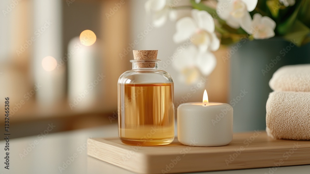 Aromatherapy Bottle with Candle and Towels in Calming Environment
