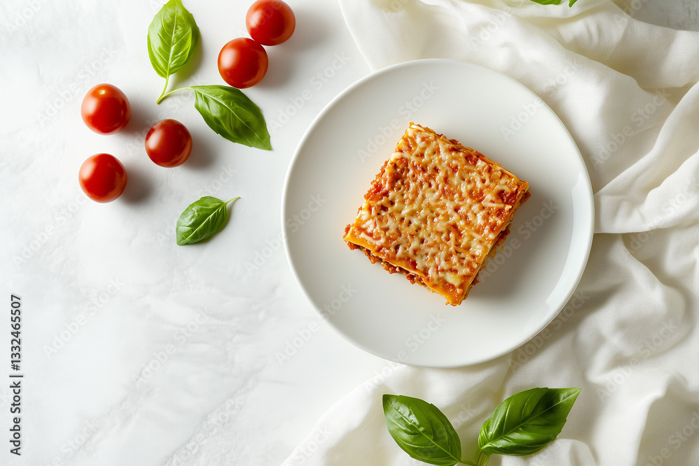 Gourmet Lasagna Presentation with Fresh Basil and Cherry Tomatoes Gourmet Lasagna Presentation with Fresh Basil and Cherry Tomatoes