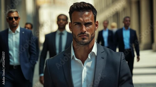 Confident Man in Suit,  Surrounded by Bodyguards in City Street