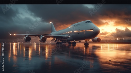 Wallpaper Mural Airplane on wet runway at sunset, ready for departure Torontodigital.ca