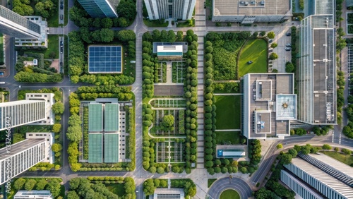 ESG sustainability framework Aerial view of a modern urban landscape featuring green spaces and buildings.