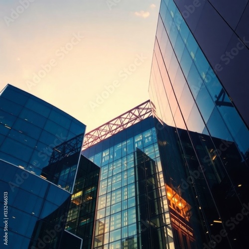 Modern Glass Office Buildings Reflecting Sky at Sunset Architecture