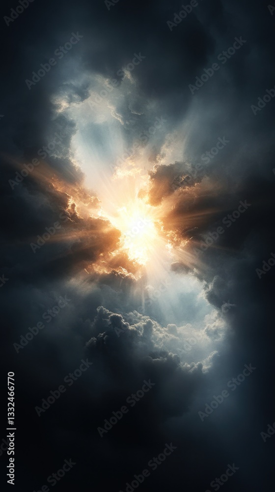 Obraz premium Dramatic sky with sunlight beams breaking dark clouds