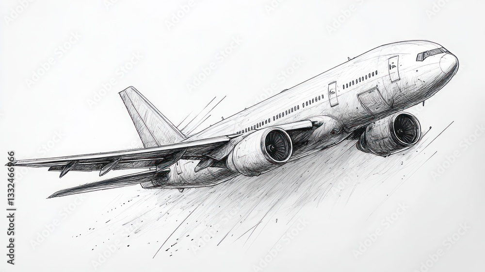 Fototapeta premium Airplane taking off, dynamic sketch style illustration