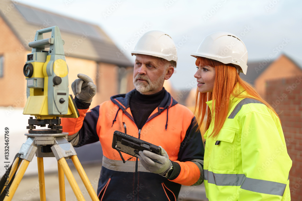 Expert builders surveyors discussing measurements at construction site Expert builders surveyors discussing measurements at construction site