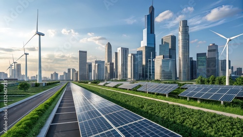 ESG sustainability resilience Sustainable cityscape featuring solar panels and wind turbines among modern skyscrapers.