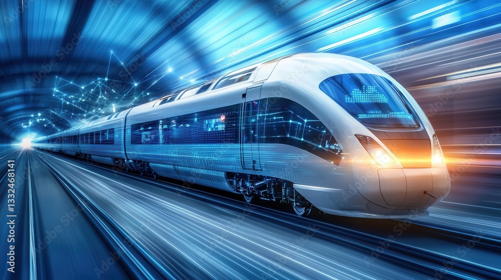 Naklejka premium Futuristic high speed digital wireframe train speeding through a transportation network illuminated by dynamic energy efficient technology