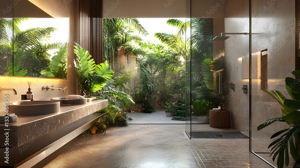 Fototapeta premium Luxurious Tropical Bathroom with Outdoor Garden View