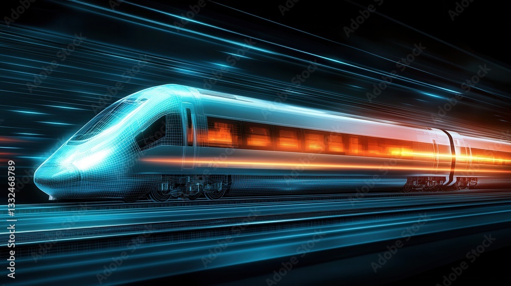 A blurred luminous and streamlined high speed futuristic train speeding through a technological landscape with a wireframe aesthetic and glowing lights A blurred luminous and streamlined high speed futuristic train speeding through a technological landscape with a wireframe aesthetic and glowing lights