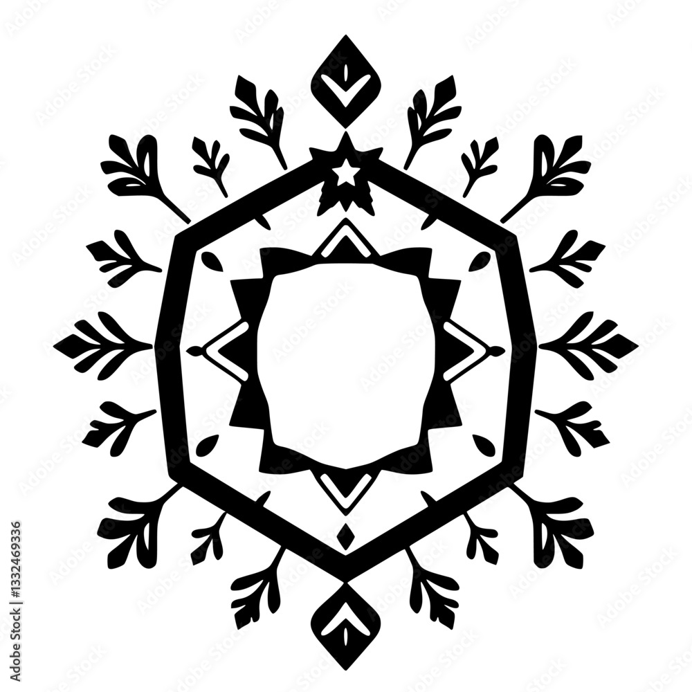 Obraz premium Intricate Black and White Geometric Snowflake Design Featuring Star, Leaf, and Diamond Motifs Centered on White Background.