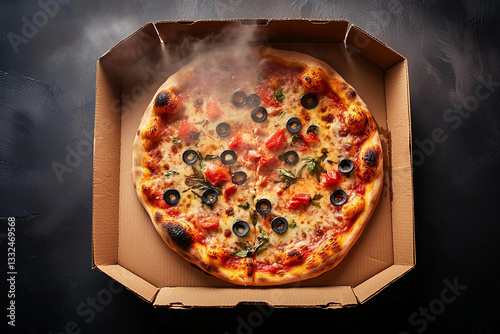 Pizza, cardboard box open, steaming, top view 