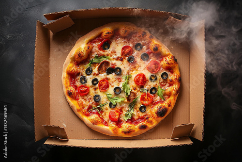 Pizza, cardboard box open, steaming, top view 