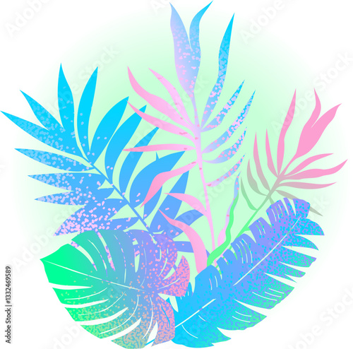 Tropical leaves, sprigs with grainy gradient. Ideal for decorating invitations, backgrounds, textiles, packaging.