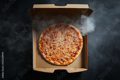 Pizza, cardboard box open, steaming, top view 