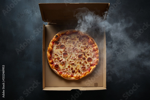 Pizza, cardboard box open, steaming, top view 