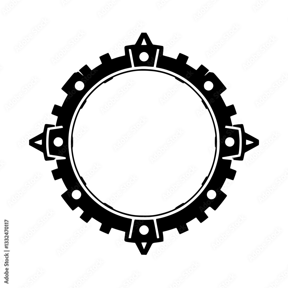 A symmetric, cogwheel-inspired emblem with a central empty space, featuring geometric details and a minimalist aesthetic in grayscale. A symmetric, cogwheel-inspired emblem with a central empty space, featuring geometric details and a minimalist aesthetic in grayscale.