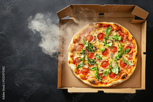 Pizza, cardboard box open, steaming, top view 