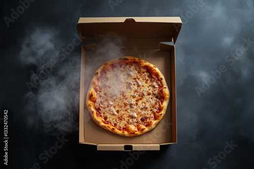 Pizza, cardboard box open, steaming, top view 