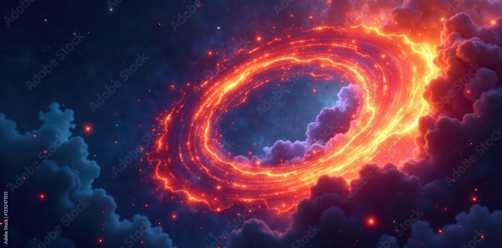Fototapeta premium Abstract swirling nebula, fiery ring encircles void, dust, heat