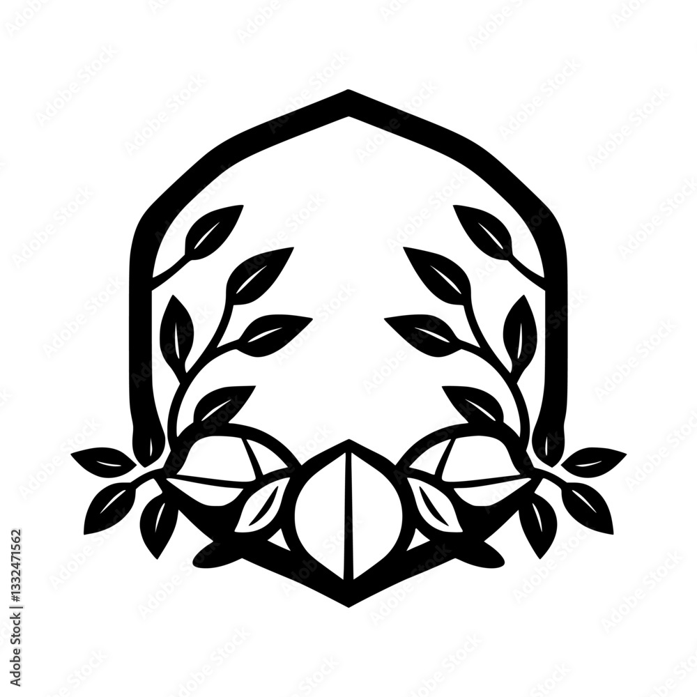 Geometric Black and White Floral Crest: A Symmetrical Badge with Leafy Vines Enclosing Abstract Foliage.