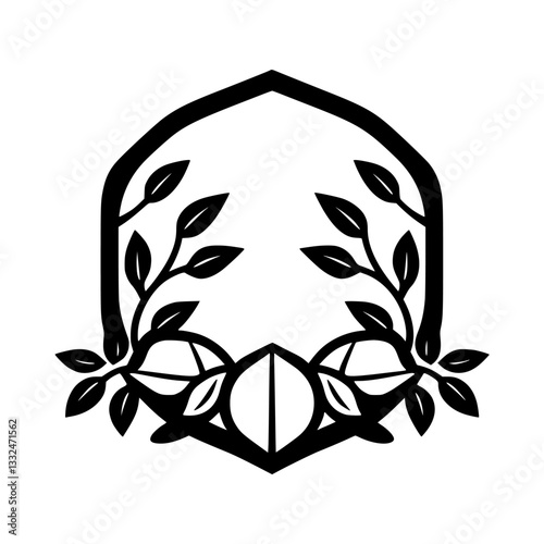 Geometric Black and White Floral Crest: A Symmetrical Badge with Leafy Vines Enclosing Abstract Foliage.