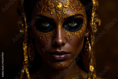 Close-up portrait of a woman with intricate gold and black face paint and ornate accessories, creating a dramatic look.