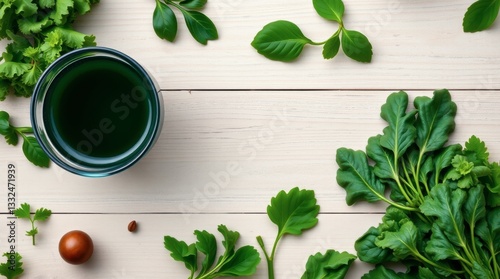 Green Juice with Fresh Herbs on Wood Table Overhead View