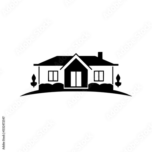 Monochromatic Illustration of a Modern Bungalow Home on a Hill, with Bushes and Trees in Front of the House, Black and White