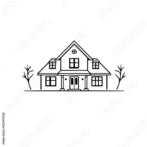 Minimalist black and white line art of a symmetrical house with two barren trees, simple design, front view.