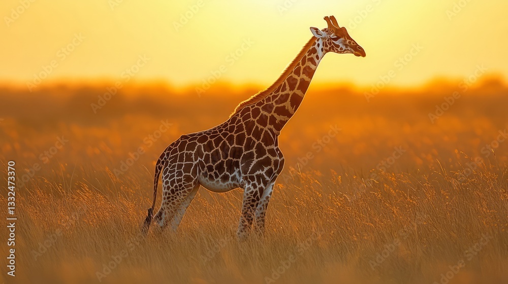Obraz premium A giraffe standing in a field of tall grass. The sun is setting in the background, casting a warm glow over the scene