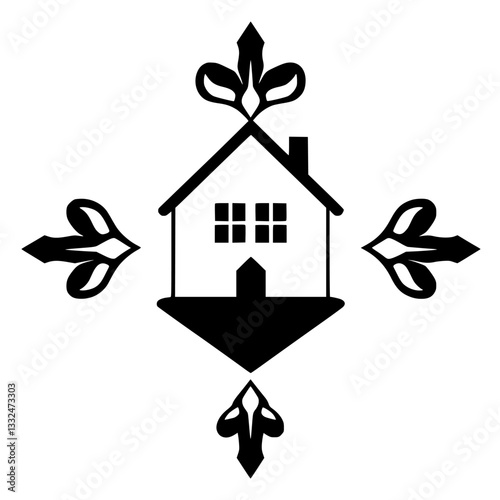 Black and white minimalist house logo with decorative arrow-like fleur-de-lis elements emanating from the central house structure, suggesting direction and design.