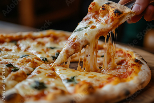 CLOSE UP ON A HOT PIZZA WITH A SLICE PULLING UP WITH THE CHEESE PULLING