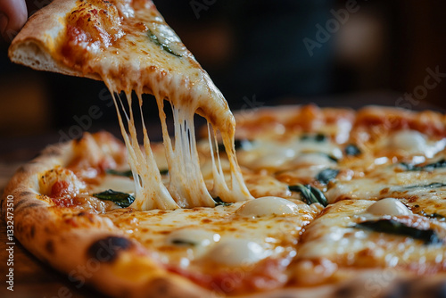 CLOSE UP ON A HOT PIZZA WITH A SLICE PULLING UP WITH THE CHEESE PULLING