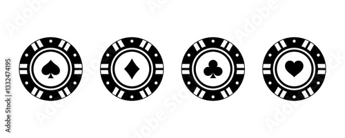 Poker chips icons vector set. Playing poker concept. Poker symbols. Isolated casino poker chip logo.