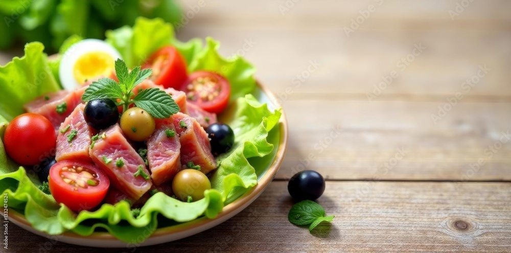 Colorful mix of tuna, lettuce, eggs, olives, and tomatoes, salad, nicoise, nutrition Colorful mix of tuna, lettuce, eggs, olives, and tomatoes, salad, nicoise, nutrition