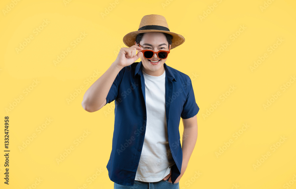 Portrait of a young Asian man wearing a tourist shirt, hat, and sunglasses posing on a yellow background
