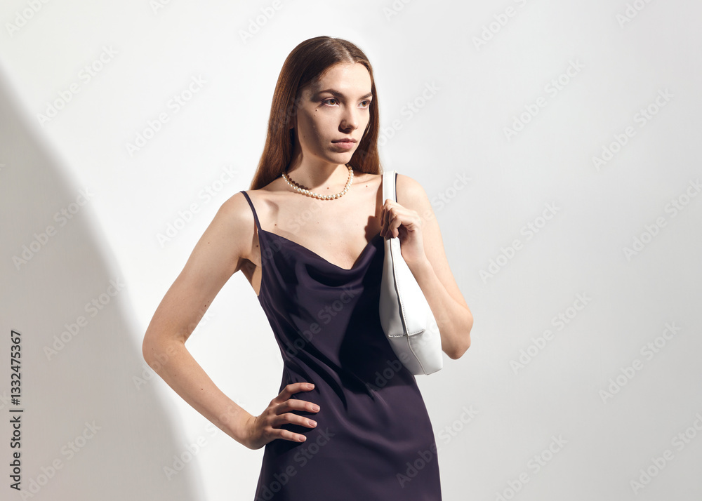 a stylish, fashionable woman with a white eco-leather bag, pearl jewelry and a silk dress combination a stylish, fashionable woman with a white eco-leather bag, pearl jewelry and a silk dress combination