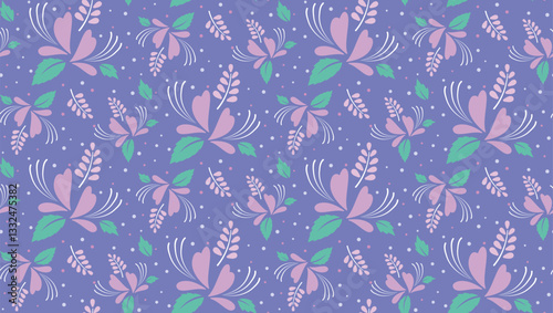 Seamless Pattern of java Flowers With Green Leaves on Purple Background
